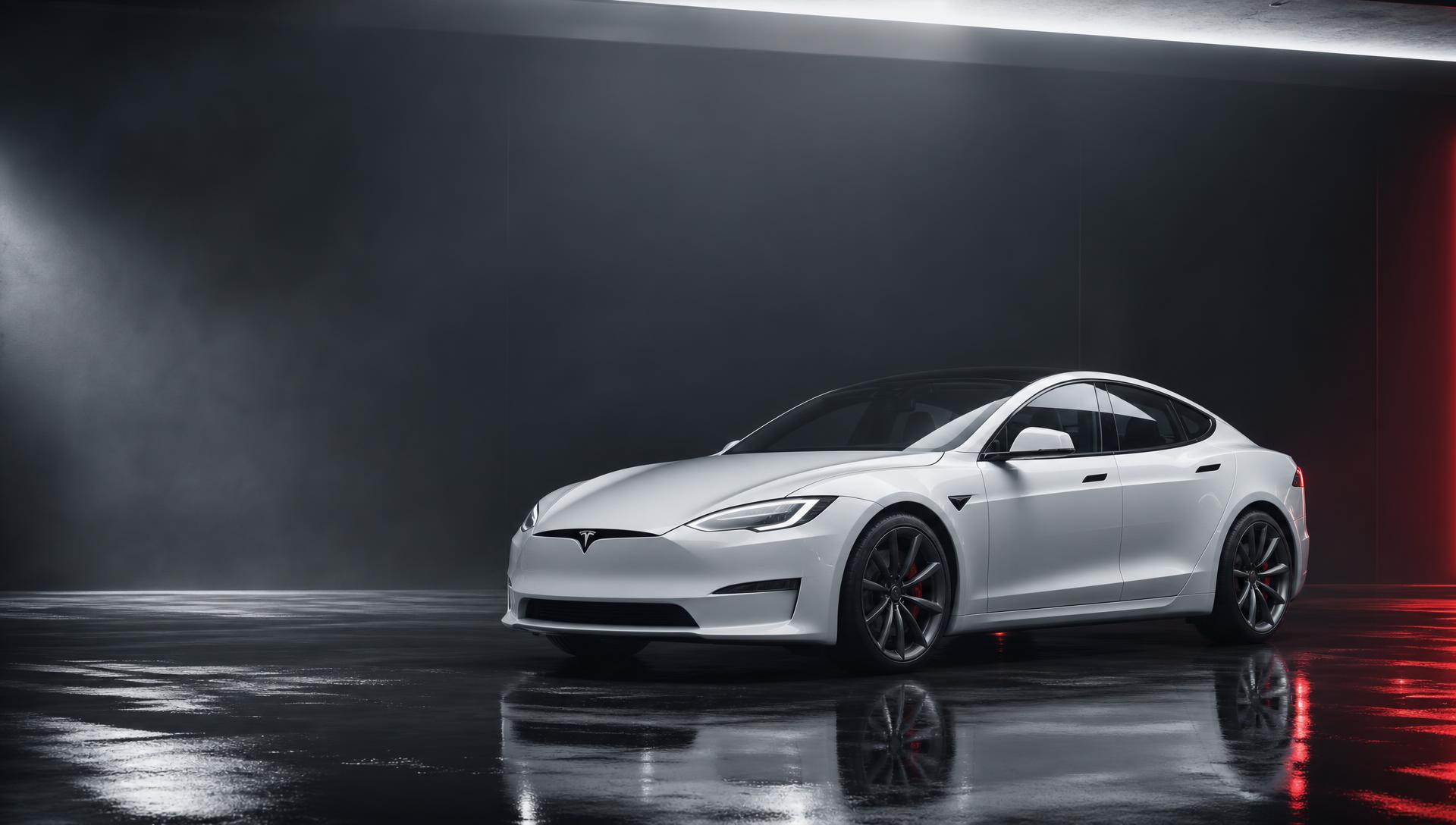 Tesla Model S Plaid in a reflective studio showroom